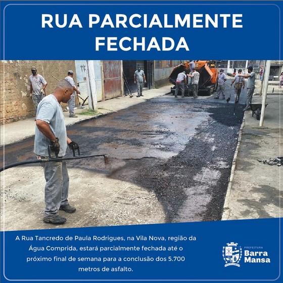 Rua Tancredo de Paula Rodrigues no bairro Vila Nova ficará parcialmente fechada até o próximo final de semana
